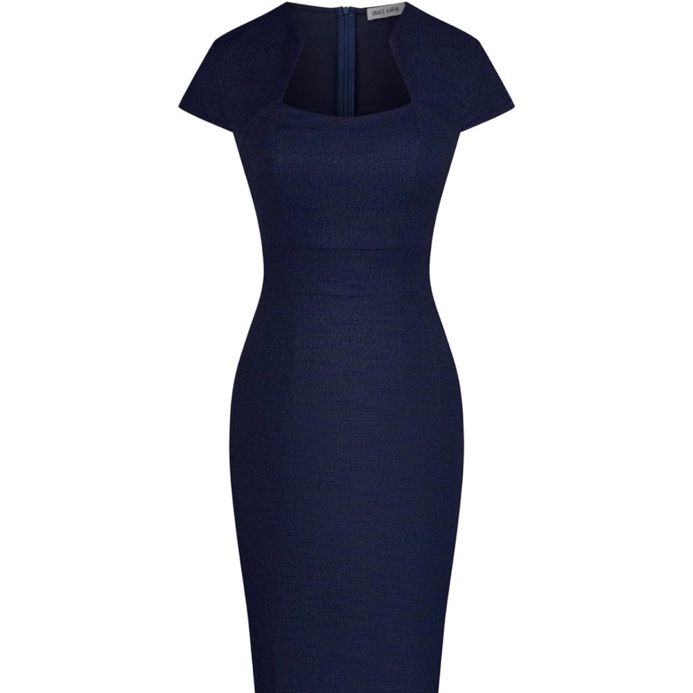 Grace Karin Cap Sleeve Bodycon Tweed Dress in Navy Blue